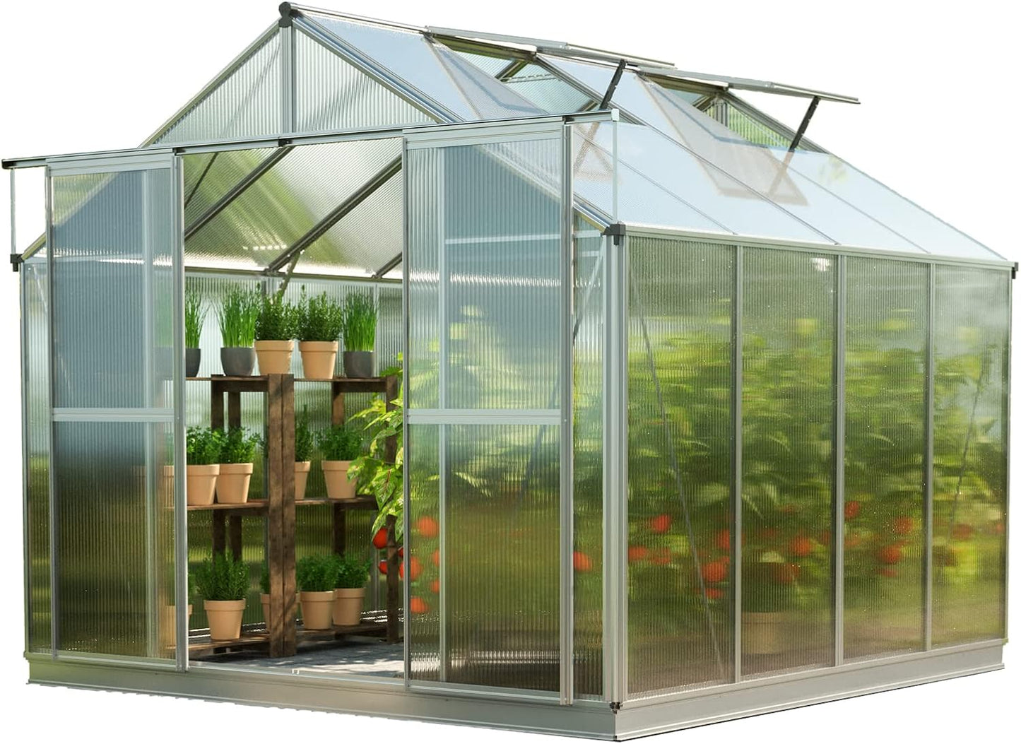 Greenhouse Topas 4 Aluminum Frame 7.4 x 8.5 ft Approx. 6 mm Polycarbonate Panels - with Bonus Base Frame and Automatic Vent Opener