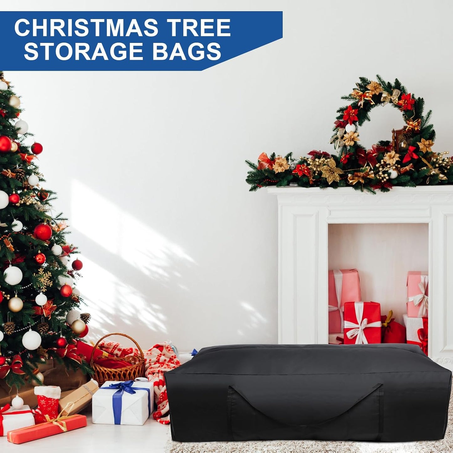 Silkfly 4 Pcs Patio Cushion Storage Bags 60" L x 20" W x 28" H Outdoor Cushion Storage Bag Extra Large Zippered Furniture Pillow Protective Storage Bag Black 420D Oxford Fabric Christmas Tree Storage