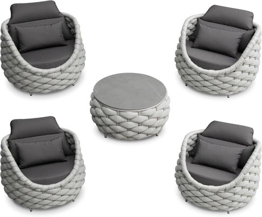 Front Porch Furniture 5 Piece Set: Aluminum Woven Rope Patio Conversation Sofa Set - Assembled Accent Chair Modern - Cushioned Armchair Couch Set for 400 lbs Deck Backyard Poolside Garden Hotel