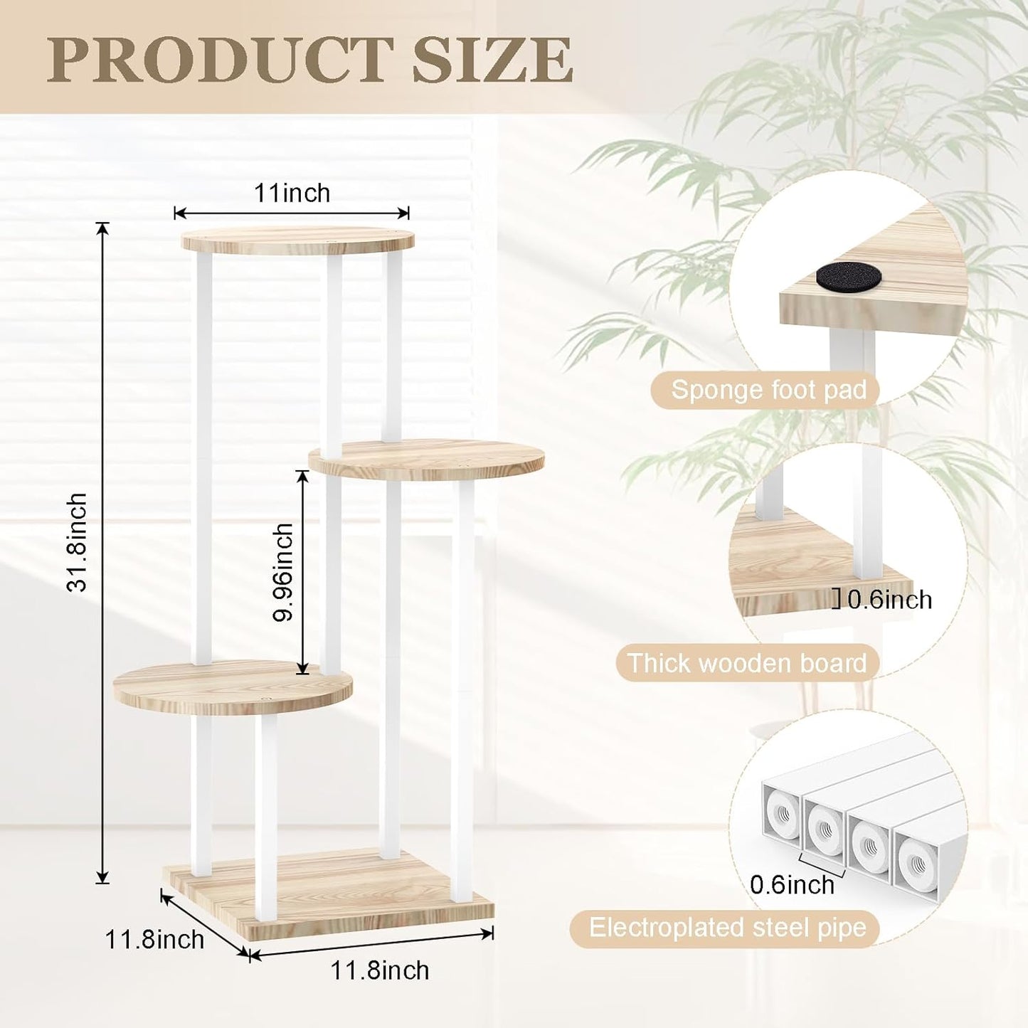 4 Tier White Metal Wooden Tall Plant Stand Indoor Shelf Flower Pot Holder for Multiple Plants, Corner Display Rack for Living Room Balcony Patio Garden
