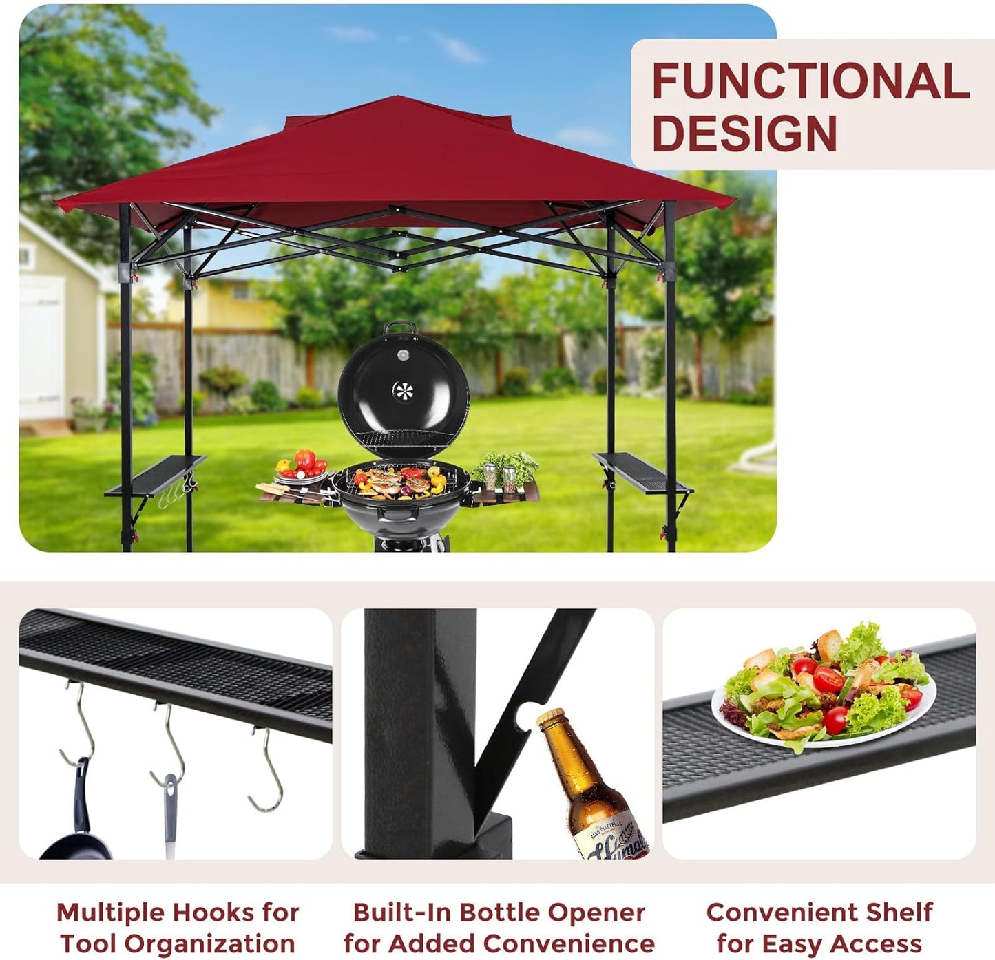 Outdoor Pop up Barbeque Grill Gazebo 8x5 with Carry Bag, Portable BBQ Canopy Tent with Handy Wired Shelf, Red