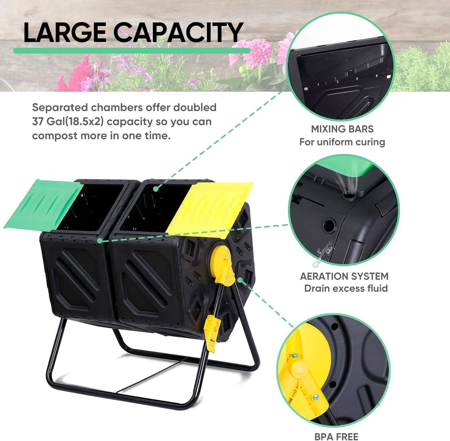 Nouva 37 Gallon Compost Bin Dual Chamber Composter Tumbler Rotating Chamber Garden Composter Bin with 2 Sliding Doors Steel Frame Outdoor Kitchen Garden Yard