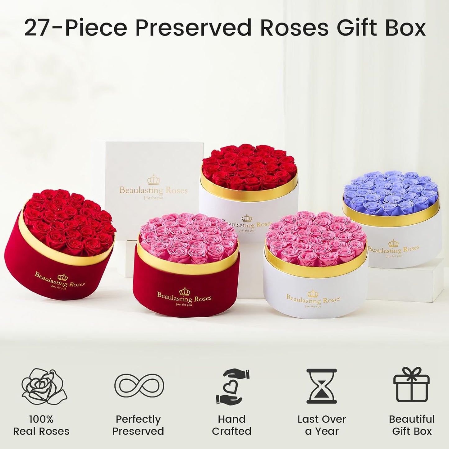 Preserved Roses Forever Flowers Real Roses in a Box Mother's Day Birthday Flowers for Her Mom Women Wife Valentine's Day, Pink, 27 Piece