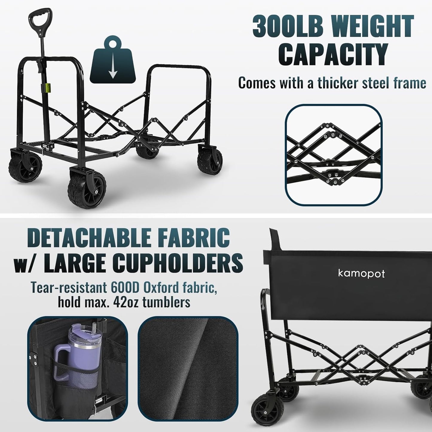 Large Collapsible Wagon Foldable for Beach, Yard, Grocery, Park, 34" x 18" Inner Storage. 300lb Heavy Duty Folding Utility Wagon on Big Wheels for Sand, Durable w/Cupholders