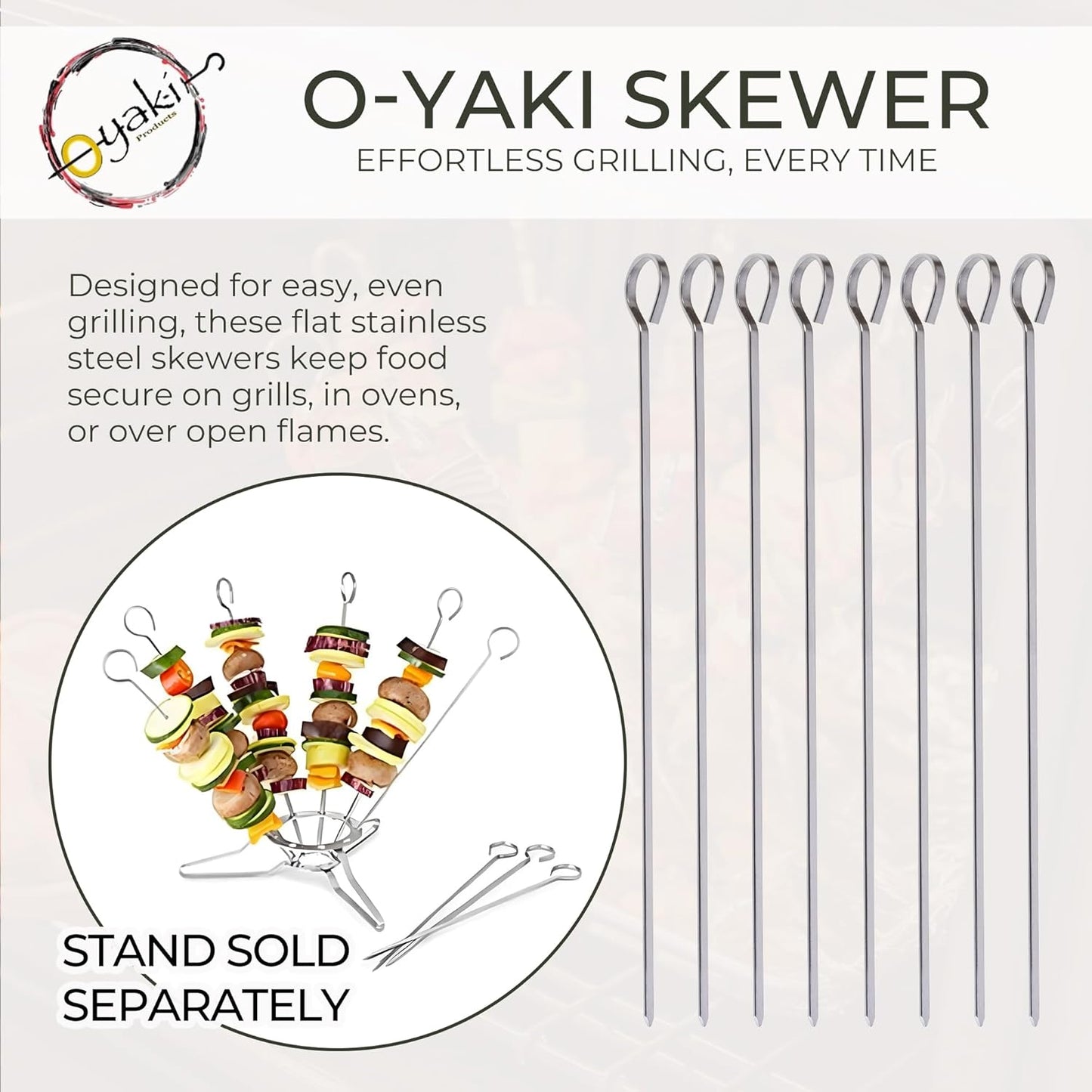 O-Yaki Flat Metal Kabob Skewer for Grilling – Set of 8 BBQ Skewers Stainless Steel with Storage Bag, Dishwasher Safe Skewers with Hook Handle & Sharp Tip for BBQ, Cookouts & Oven Use – 12 Inch