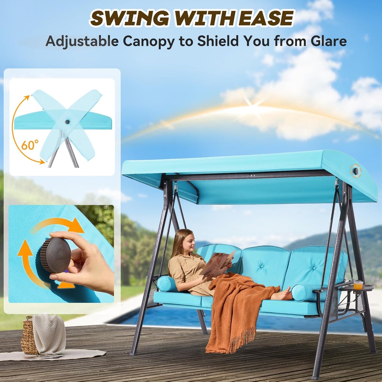 3 in 1 Outdoor Porch Swing with Adjustable Canopy, 3 Seat Outdoor Swing for Adults, Patio Swing Chair with Thickened Cushions,Pillows & Cup Holders for Backyard, Porch, Garden (Turquoise)