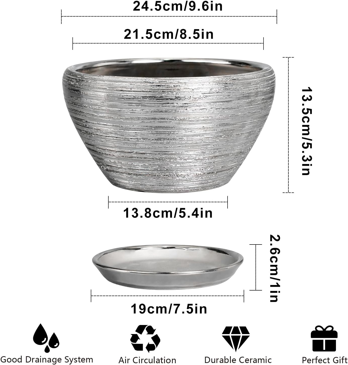 Pot for Plants 9 Inch - Ceramic Plant Pot Indoor with Drainage Hole and Saucer Round Planter for Indoor Plants Modern Decorative Flower Pot for Home Decor Silver