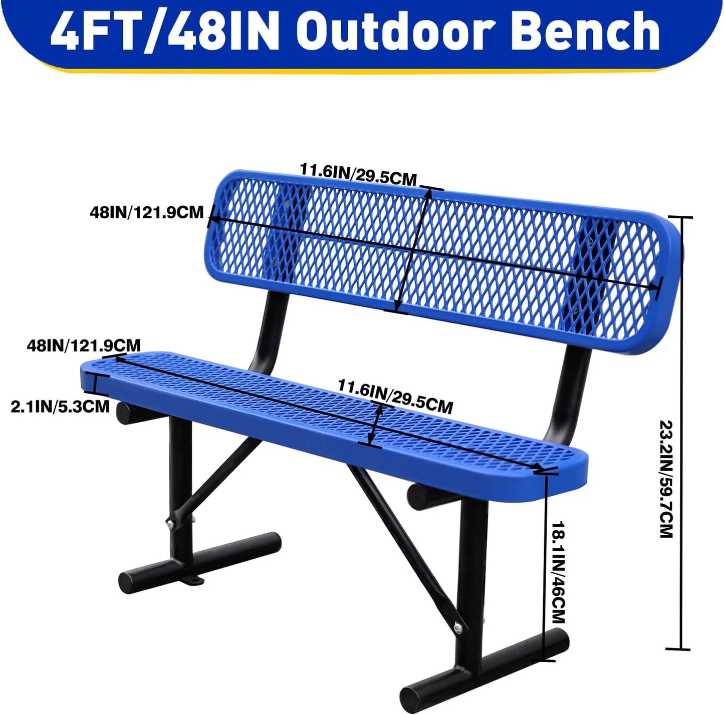 Outdoor Garden Bench, Cast Iron Metal Frame Patio Park Bench with Backrest, Portable Expanded Metal Black Bench, Commercial-Grade Outdoor Seating for Lawn, Patio, Park, Yard, Garden (Blue, 4FT/48'')