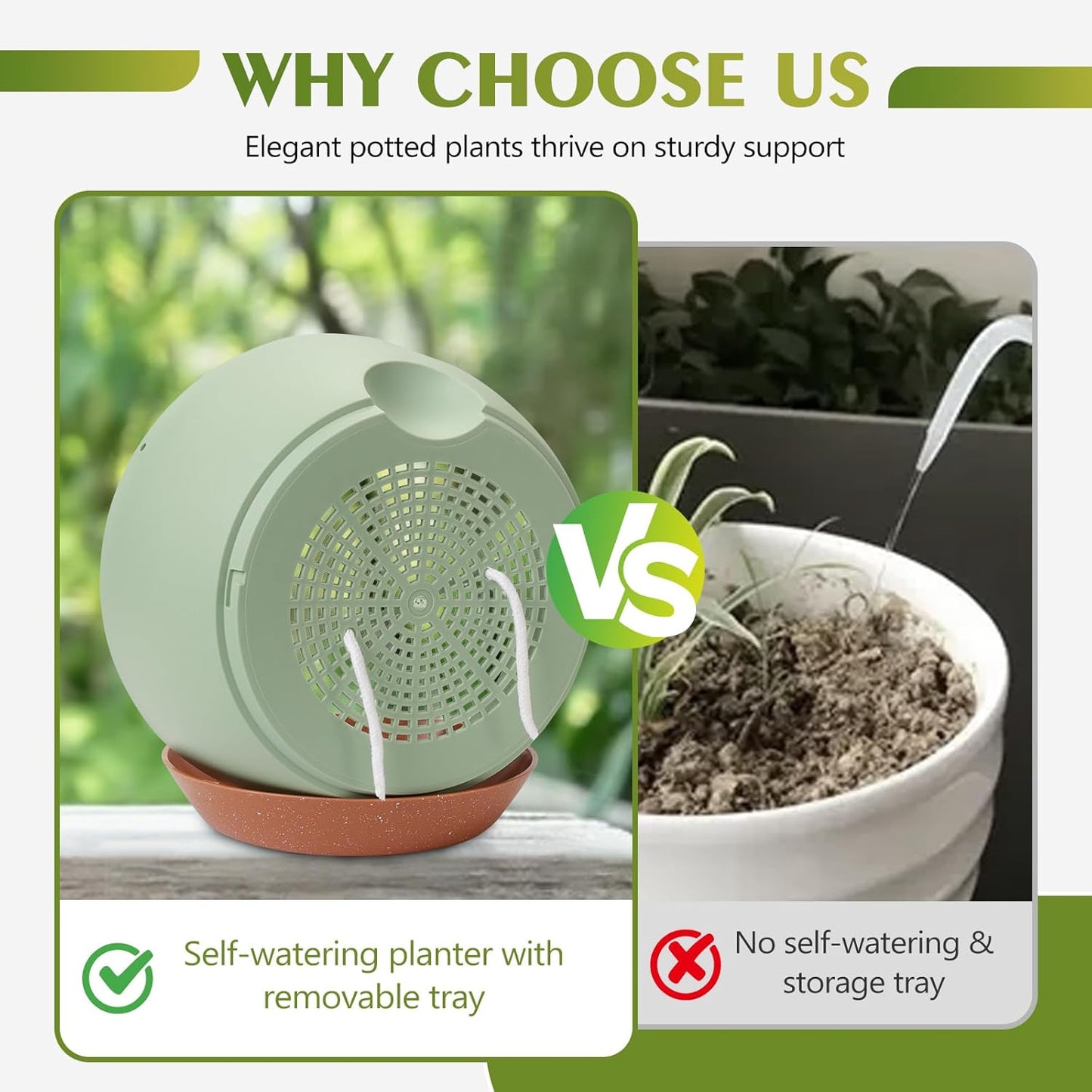 GARDIFE Hanging Planters for Indoor Outdoor Plants, 2 Pack Self Watering Hanging Pot with Drainage Holes & Removable Tray (Green, 10 inch)