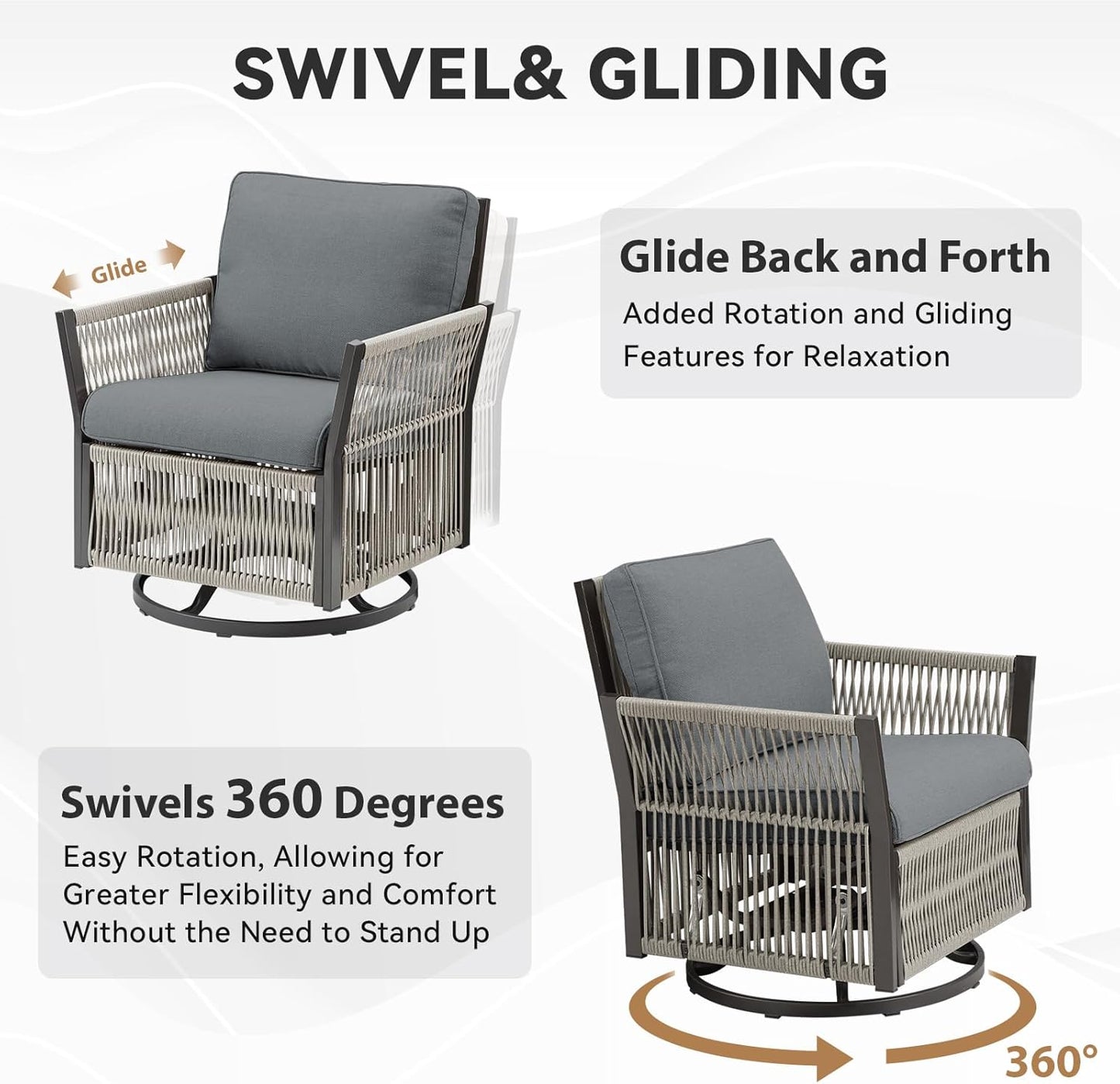 Patio Furniture Wicker Outdoor Conversation Set, 6-Piece All Weather Patio Furniture Rattan 2 Sofa Sets w/ Swivel Rocking Chairs & Ottomans, Side Table for Backyard, Balcony, Deck - Dark Grey