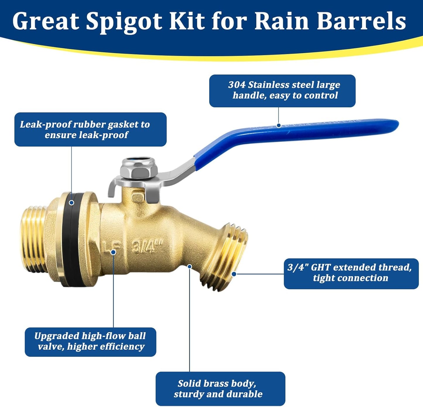 Brass Rain Barrel Spigot Kit 3/4" GHT Brass Water Container Spigot Kit, 3/4" GHT Male Threaded Quarter Turn Ball Valve with Bulkhead Fitting for Garden Hose Thread Connection