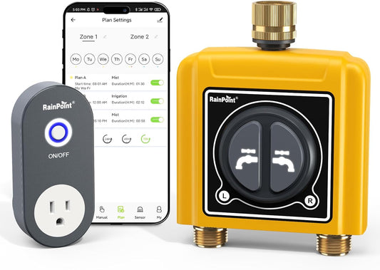 RAINPOINT WiFi Water Timer with Brass Inlet & Outlet，2 Zone WiFi Hose Timer for Lawn,WiFi Sprinkler Controller via APP/Voice Control,Automatic Watering System by Time/Weather/Quantity/Soil Moisture