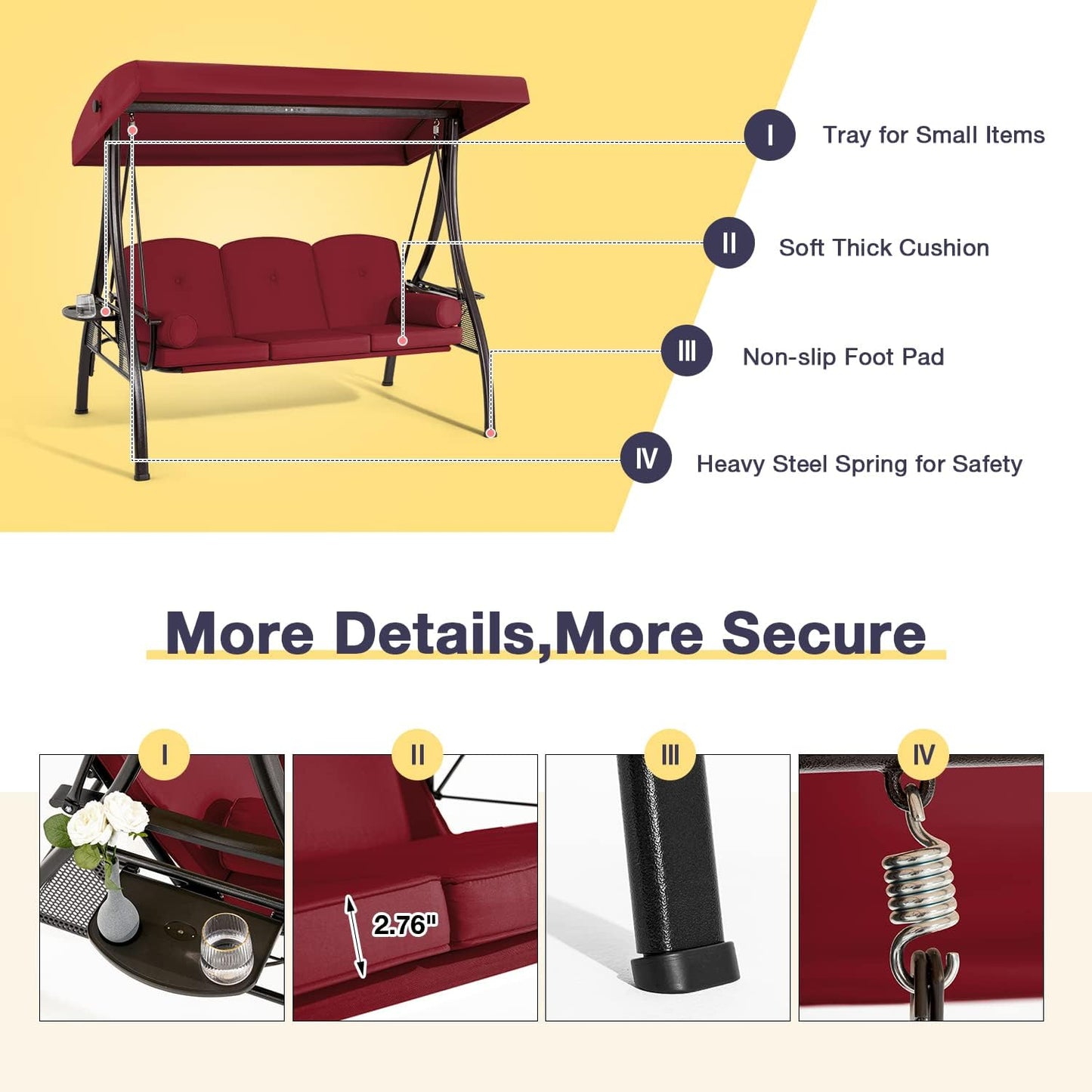 HOMREST 3 Person Outdoor Porch Swing with 1.5" Upgraded Cup Holder, Adjustable Canopy, Backrest, Patio Swing Bed with Weather Resistant Steel Frame, Cushions for Garden,Deck and Poolside(Wine Red)