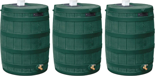 Good Ideas Rain Wizard Water Storage Collection Barrel with Brass Spigot, Safety Screen, and 50 Gallon Capacity, Green (3 Pack)