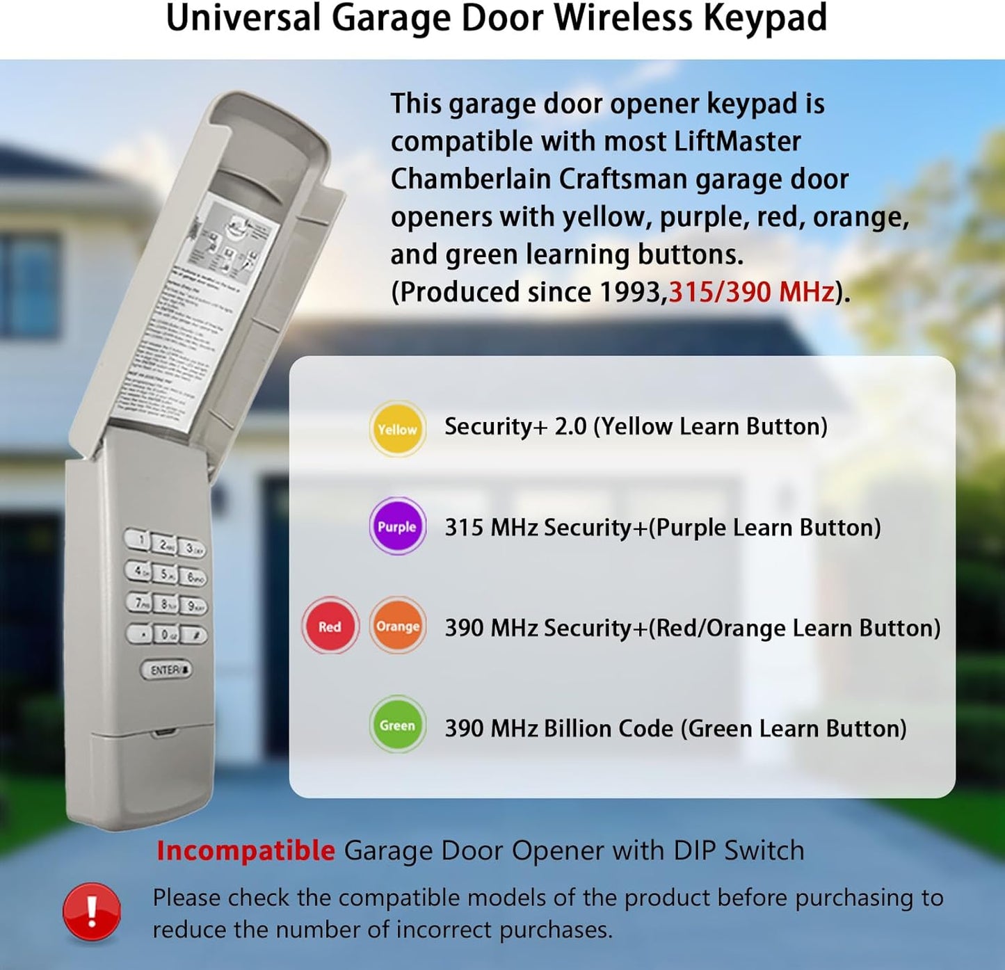 Garage Door Opener Keypad Replacement for Liftmaster Chamberlain Craftsman Garage Door Opener Keypad Wireless Keyless Entry with 315/390 MHZ Learn Button Since 1993