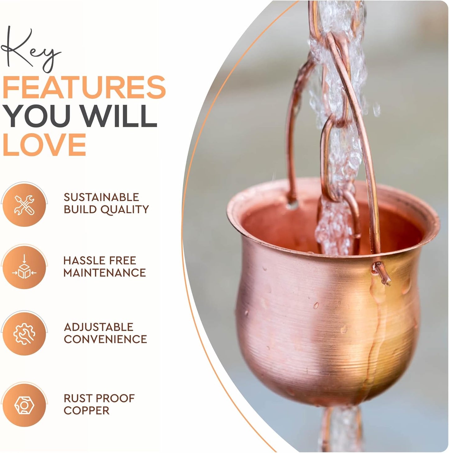 Copper Rain Chain – Decorative Chimes & Cups Replace Gutter Downspout & Divert Water Away from Home for Stunning Fountain Display – 8.5’ Long for Universal Fit – Pot Style