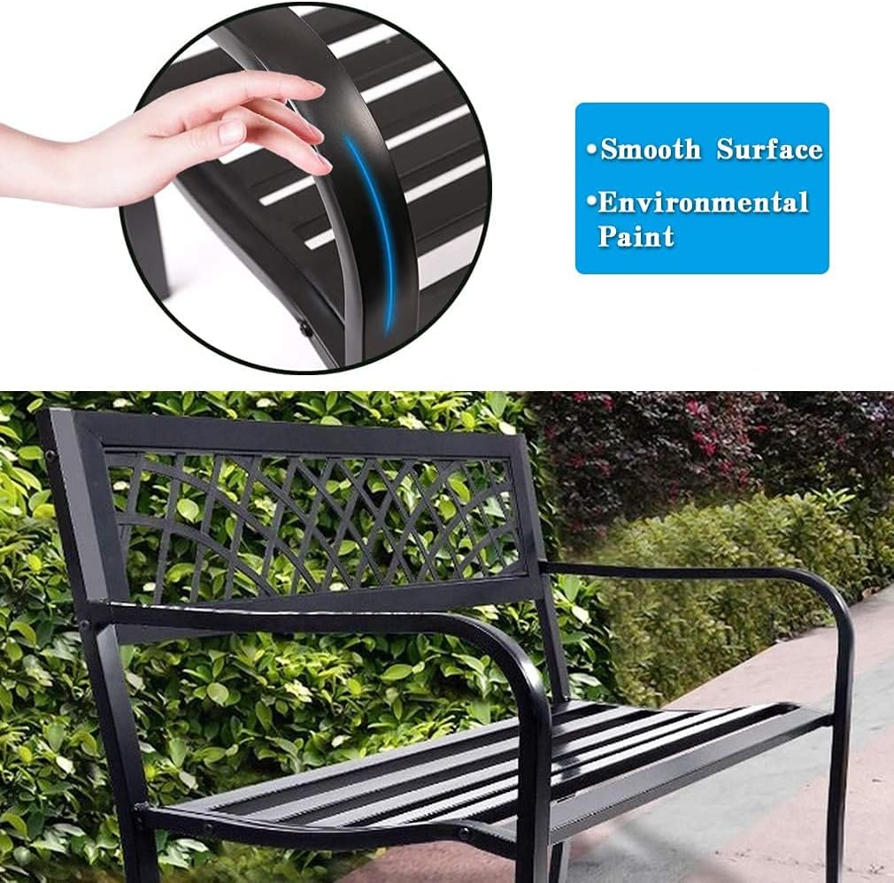 Garden Bench,Outdoor Benches,Iron Steel Frame Patio Bench with Mesh Pattern and Plastic Backrest Armrests for Lawn Yard Porch Work Entryway,Black