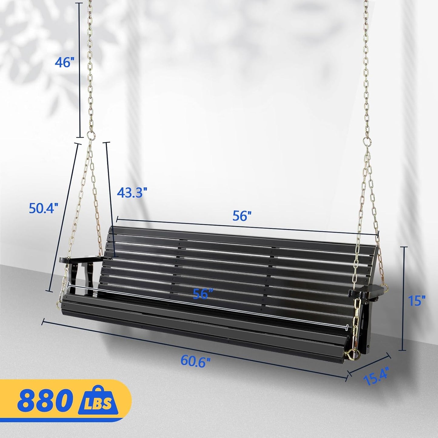 VINGLI Upgraded Patio Wooden Porch Swing for Courtyard & Garden, Heavy Duty 880 LBS Swing Chair Bench with Hanging Chains for Outdoors (Black, 5 FT)