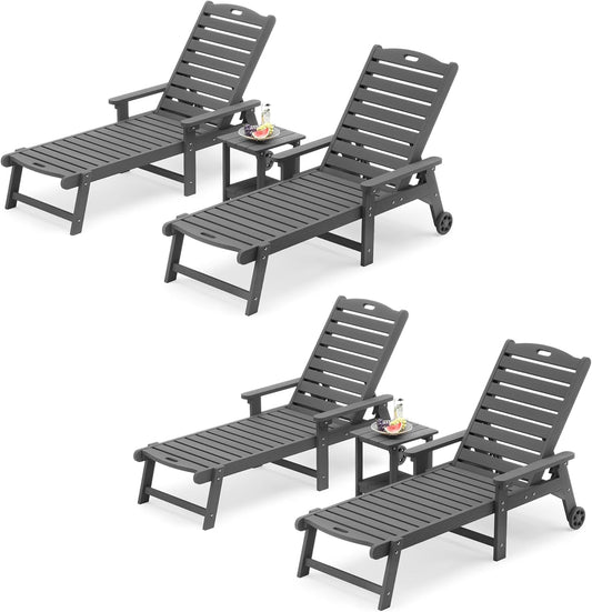 LUE BONA Chaise Lounge Chairs Set with Table, 6-Piece, 79'' Oversized HDPS Chaise Lounger, 5 Positions Adjustable Lounge Chairs, Pool Lounge Chair with Wheels for Poolside, 3 Year Warranty, Dark Gray