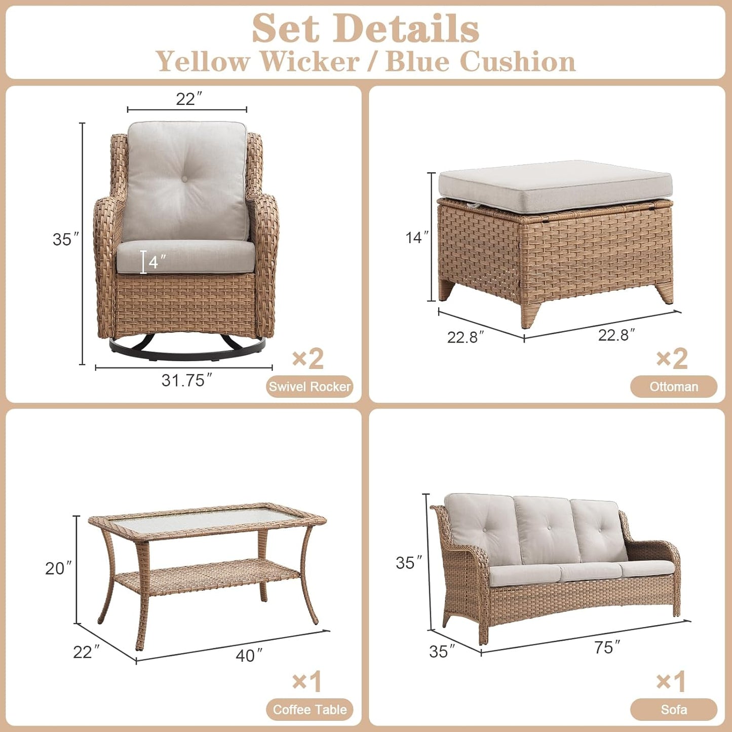 Wicker Outdoor Furniture Patio Furniture Set - 6 Piece Patio Conversation Set with Swivel Rocker Chairs, Rattan Sofa, Ottomans and Coffee Table, Beige Cushion