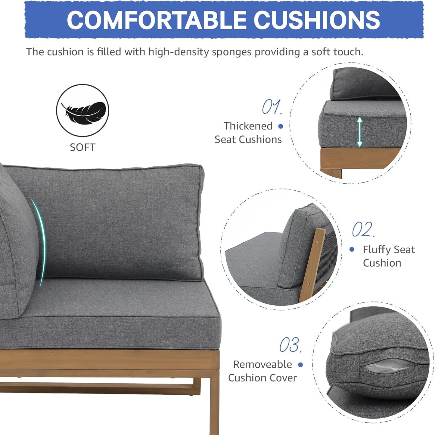 Soleil Jardin 4 Piece Acacia Wood Patio Furniture L-Shaped Outdoor Sectional Sofa Set with Coffee Table, FSC Certified Conversation Set with Built-in Side Table and Grey Cushions for Garden