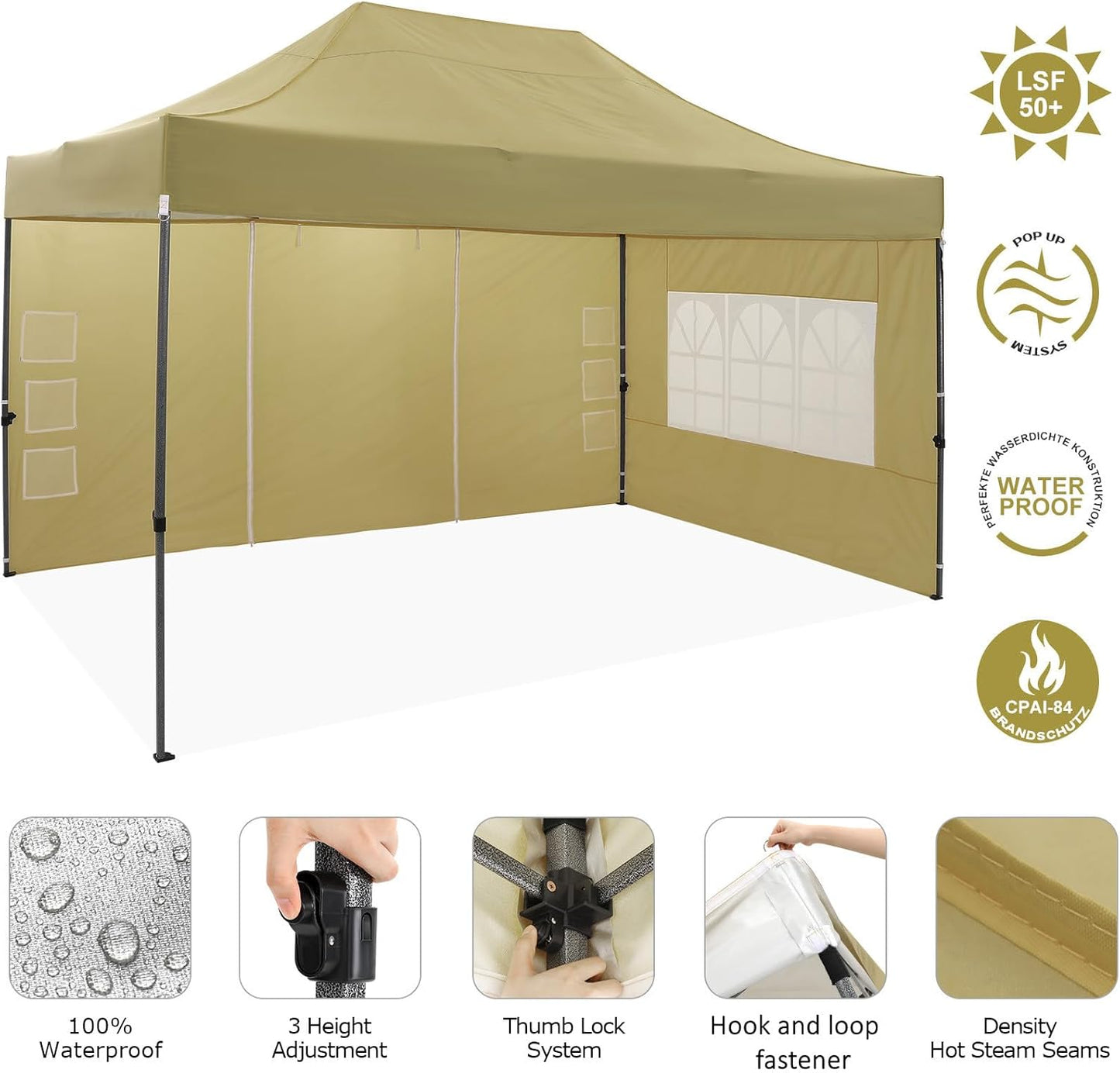 COBIZI 10x15 Heavy Duty Pop up Canopy Tent with 4 sidewalls Commercial Outdoor Canopy Wedding Party Tents for Wedding All Season Wind & Waterproof Gazebo with Carry Bag, Khaki(Frame Thickened)