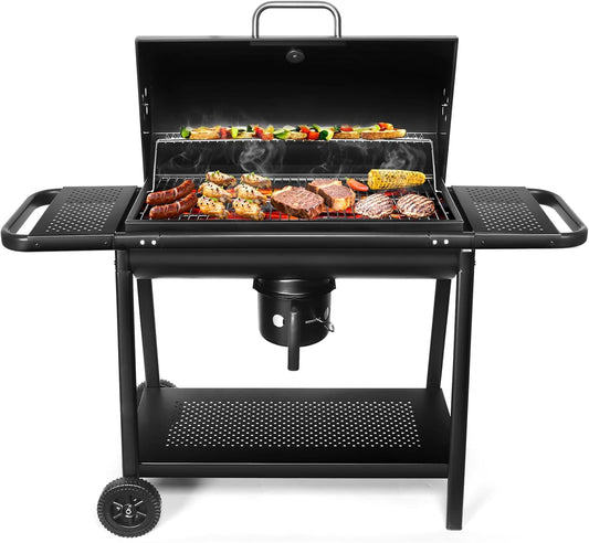 Realcook BBQ Barrel Charcoal Grill: Spacious Premium Outdoor Barbecue Grills with Side Tables - Perfect for Outdoor Cooking Backyard Grilling Patio Tailgating Camping Picnic and Party