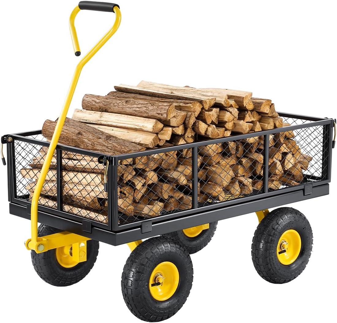 VEVOR 900 Lbs Heavy Duty Steel Garden Cart, Garden Wagon Cart on Wheels, Outdoor Metal Yard Utility Wagon Carts with 10" Tires and Mesh Removable Sides(Convert to Flatbed) and 180°Rotating Handle