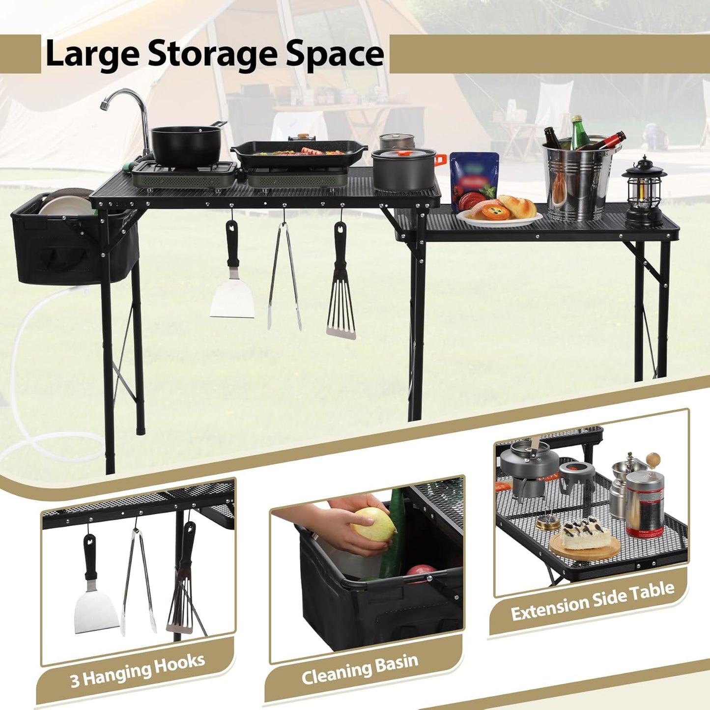 REDCAMP Portable Grill Table with Sink for Outside, Lightweight Aluminum Frame Folding Grill Stand Table with Adjustable Height for Camping Picnic Cooking BBQ, 36 x 20 x 31 in, Black