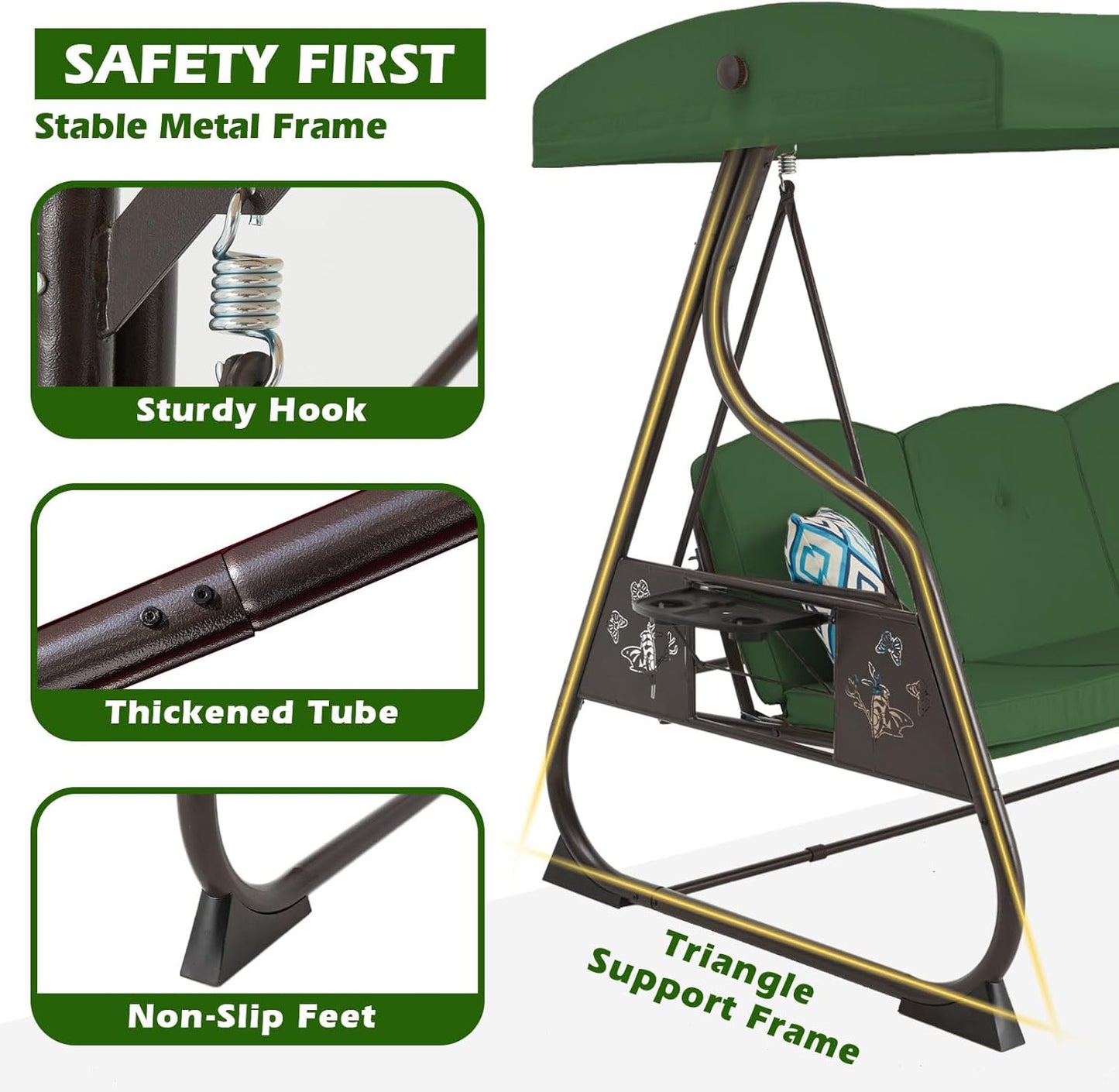 3-Seat Patio Porch Swing 800LBS Outdoor Swing with Stand w/Canopy & Adjustable Backrest Patio Glider Chair w/Removable Pillows & Foldable Side Tray for Balcony Garden Deck (Green)