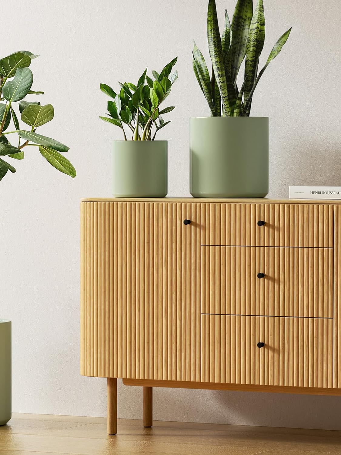 LE TAUCI Ceramic Plant Pots Indoor, 10+8+6 Inch Planters for Indoor Plants, Mid-Century Modern Pots with Drainage Hole and Plug, Cylinder Round Planters, Set of 3, Sage Green