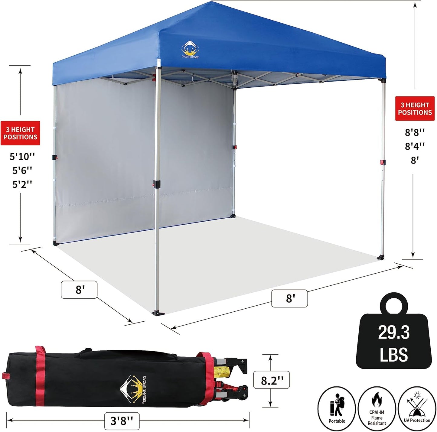 CROWN SHADES 8x8 Pop Up Canopy with 1 Side Wall - Beach Tent with One Push Setup - Outdoor Sun Shade for Events, Parties, Camping - Gazebo with STO-N-Go Cover Bag (Blue)