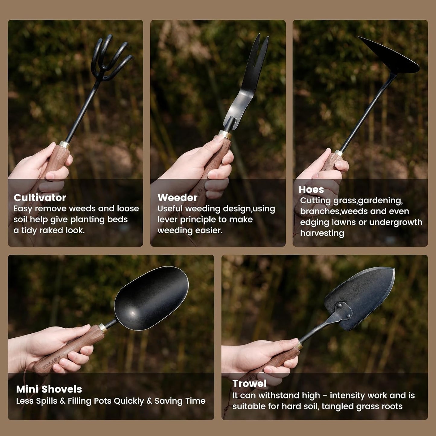 Garden Tool Set,5Pcs Gardening Tools,Stainless Steel Heavy Duty Hand Cultivator, Hoes，Shovel, Trowel and Weeder with Ergonomics Walnut Handle，Gardening Gifts for Women