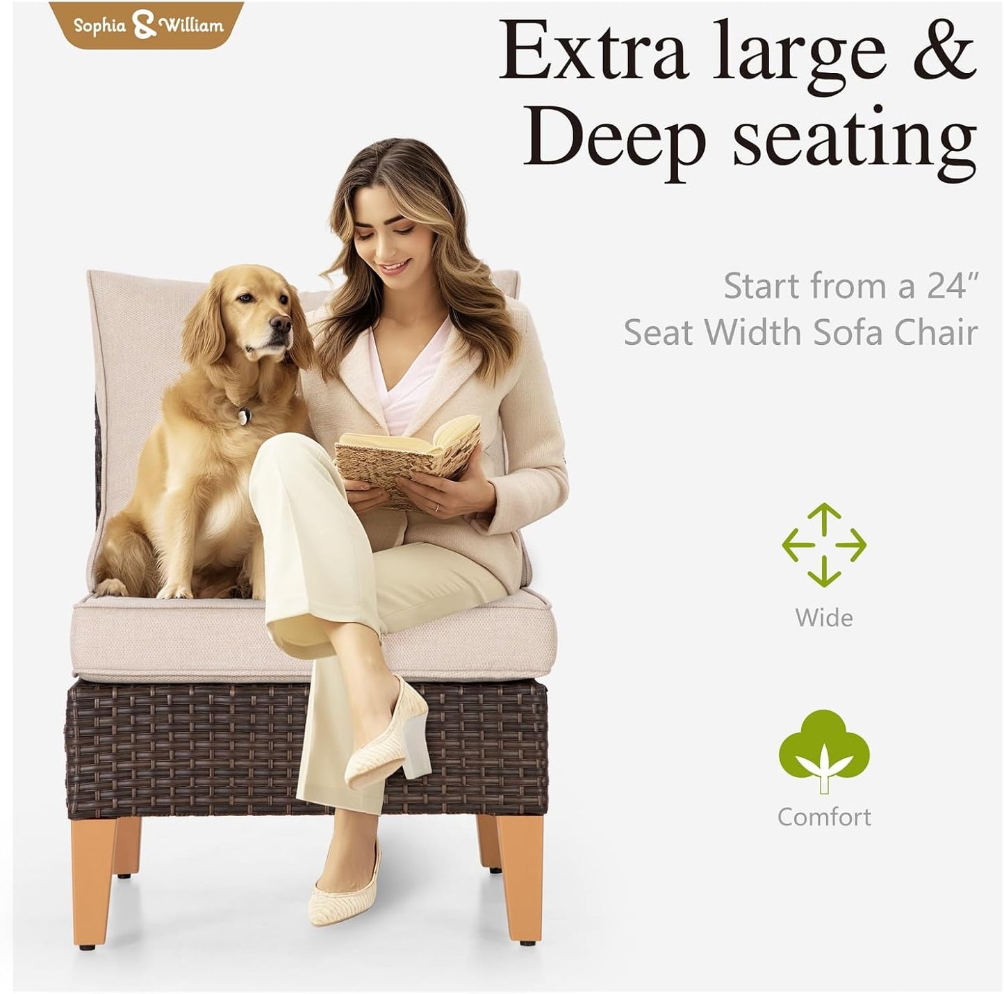 Sophia & William Half-Moon Outdoor Patio Furniture Set 9 Piece Large & High Back Wicker Rattan Patio Sectional Furniture Sofa Set Fan-Shaped Conversation Set with Ottomans & 4" Thick Cushions, Beige