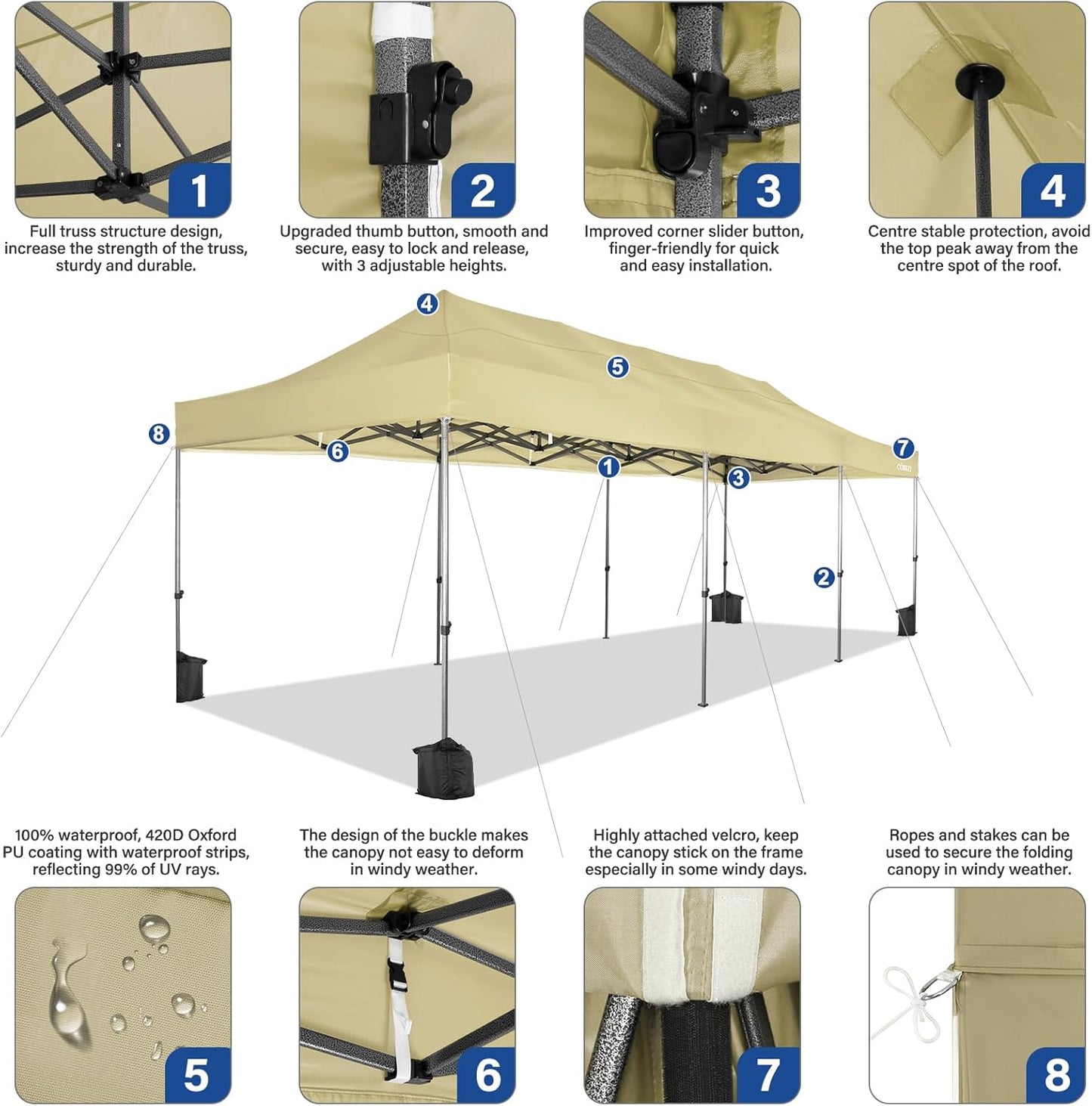 COBIZI 10x30 Pop up Canopy Heavy Duty Without Sidewalls, Easy Set-up Commercial Outdoor Party, 100% Waterproof Wedding Canopy Gazebo, 3 Height Adjustable with Wheeled Bag, Khaki