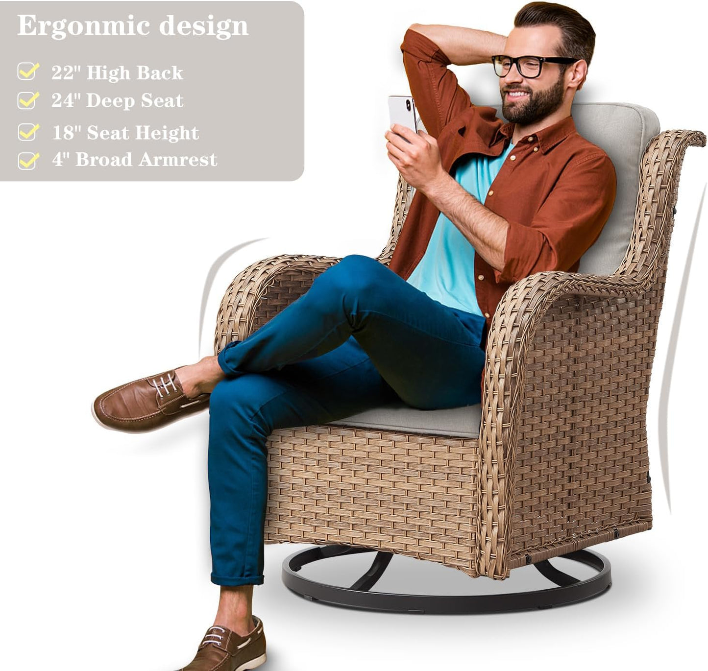 Wicker Outdoor Furniture Patio Furniture Set - 6 Piece Patio Conversation Set with Swivel Rocker Chairs, Loveseat Sofa, Ottomans and Coffee Table, Beige Cushion