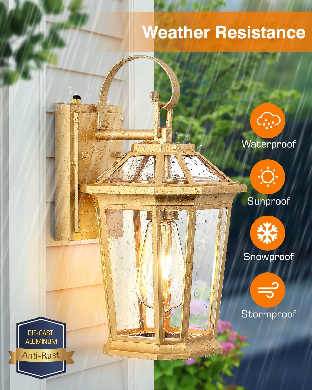 VIANIS Outdoor Porch Lights Wall Mount, Dusk to Dawn Exterior Light Fixture for House, 100% Anti-Rust Aluminum Waterproof Porch Light Outside Wall Lights, Gold Wall Sconce Lanterns for Garage