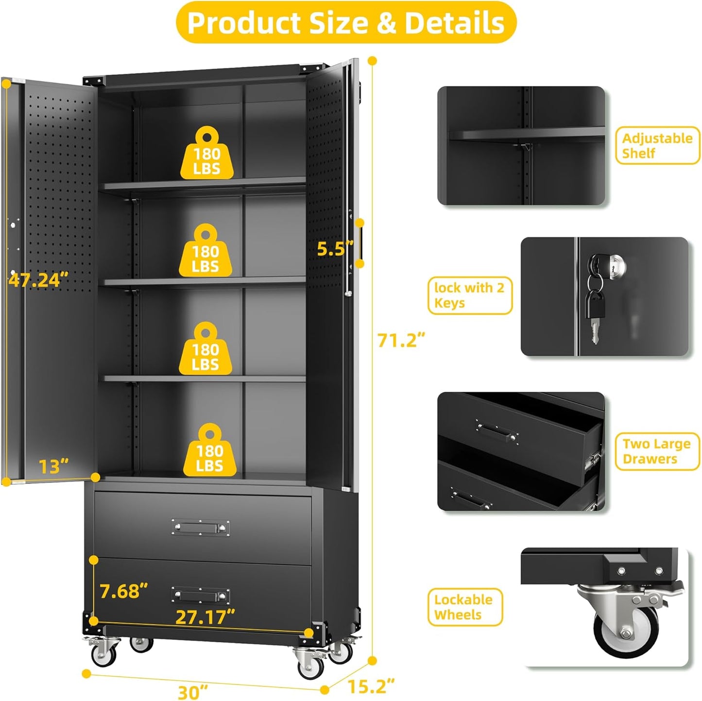 Aobabo 2 Large Drawer Metal Storage Cabinet with Wheels, Lockable Steel Storage Cabinet with 3 Adjustable Shelves and 6 Hooks for Home, Office, Garage, Classroom, Black, Assembly Required