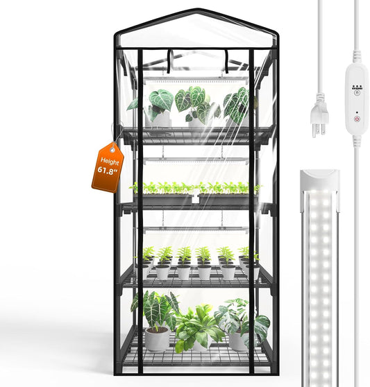 Indoor Greenhouse with Grow Light, Mini Green House with 4 Pack 20W Full Spectrum Plant Lights with Timer, Plant Shelf with Tent for Indoor Plant, Seed Starting, Seed Tray, 27.2"x19.9"x61.8"