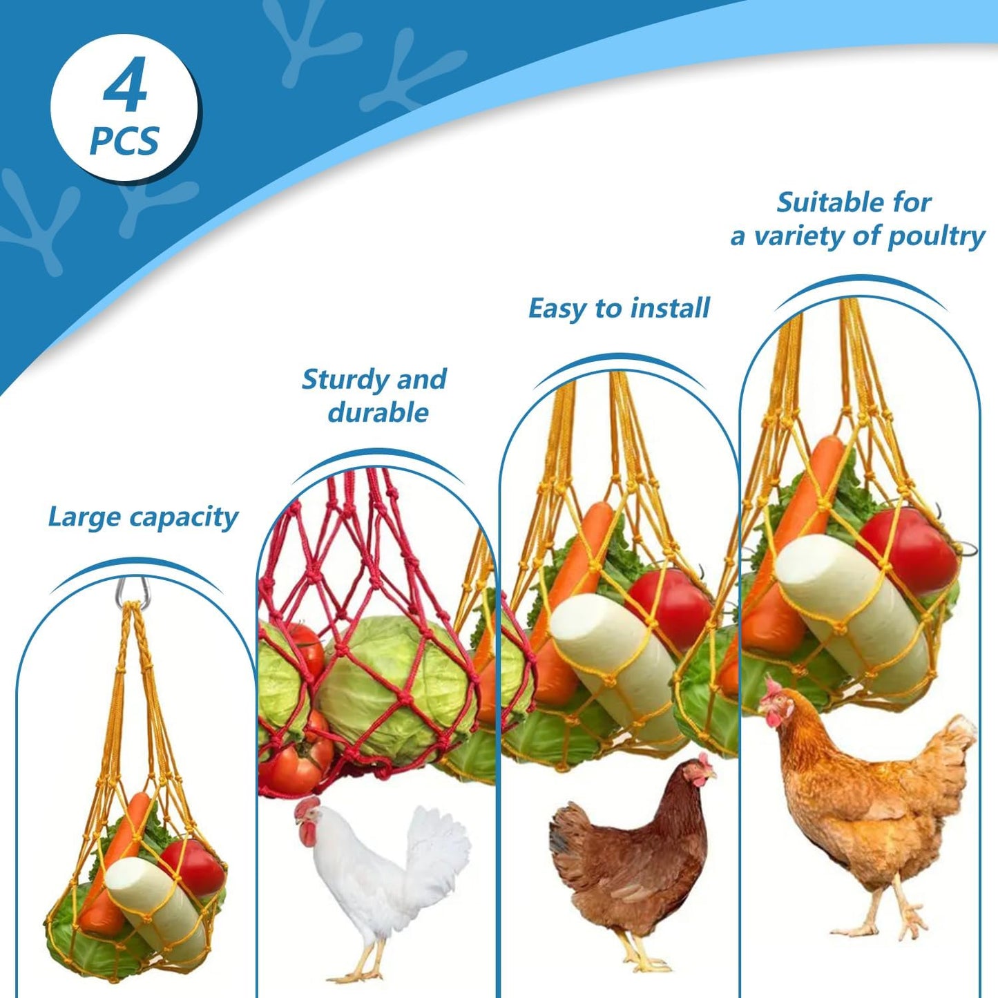 Chicken Vegetable String Bag ，Chicken Vegetable Hanging Feeder, Chicken Toy Vegetable Rack in Chicken Cage, Poultry Fruit Rack, Chicken Cabbage Feeder with Hook 4 Sets