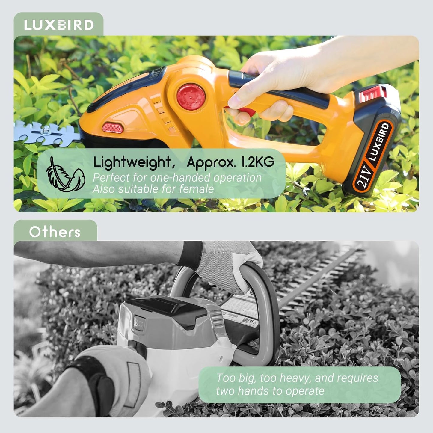 LUXBIRD 2-in-1 Mini Hedge Trimmer Cordless,Light Handheld Grass Trimmer, Electric Shrub Trimmer with 2Pcs Rechargeable Batteries and Case (Yellow)