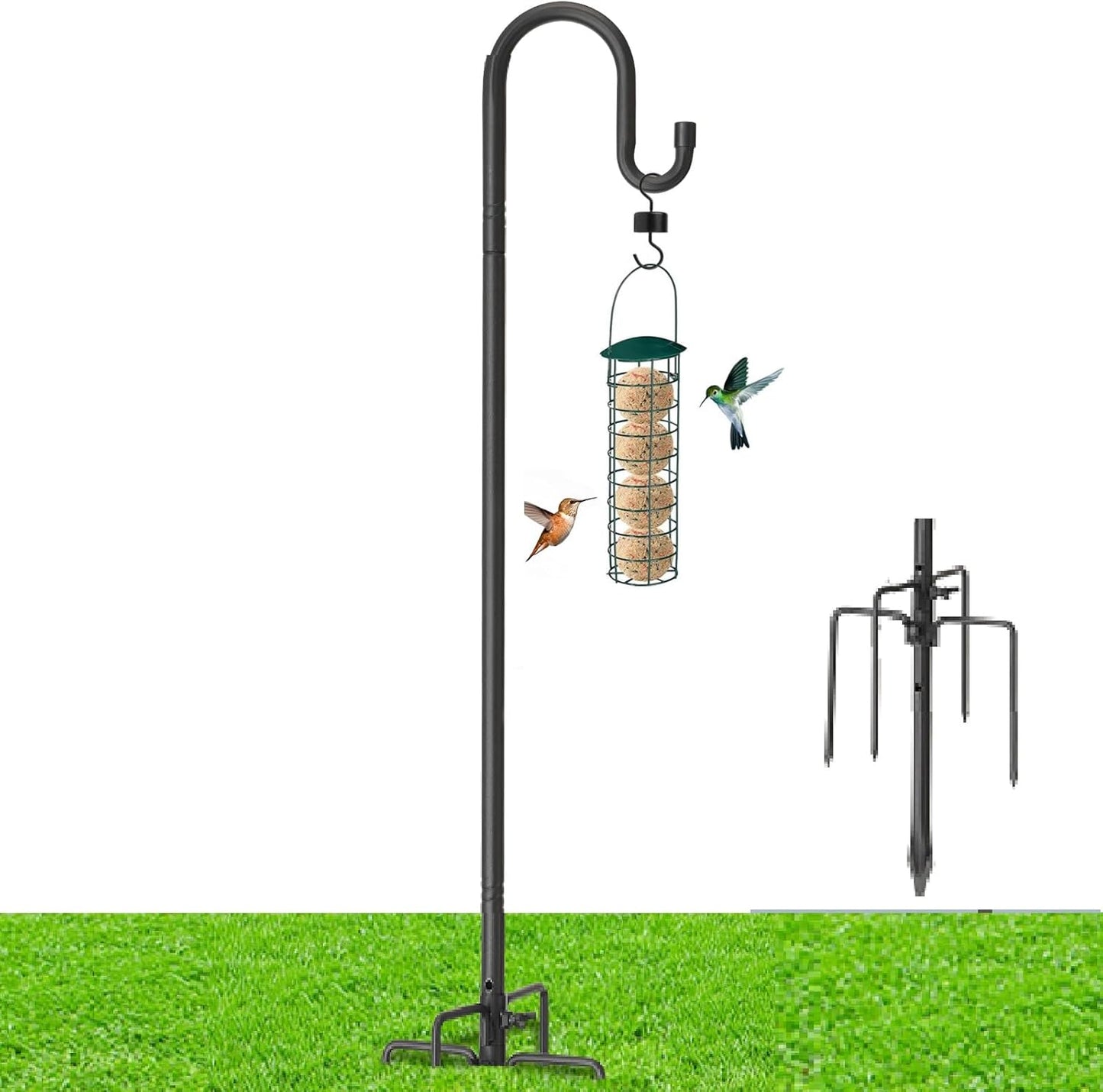 Decorative Shepherd Hooks for Garden, 94 Inch Weather-Resistant Steel – 5 Fork Base Design for Hanging Flower Baskets, Wind Chimes, String Lights – Elegant Scroll Top – Black