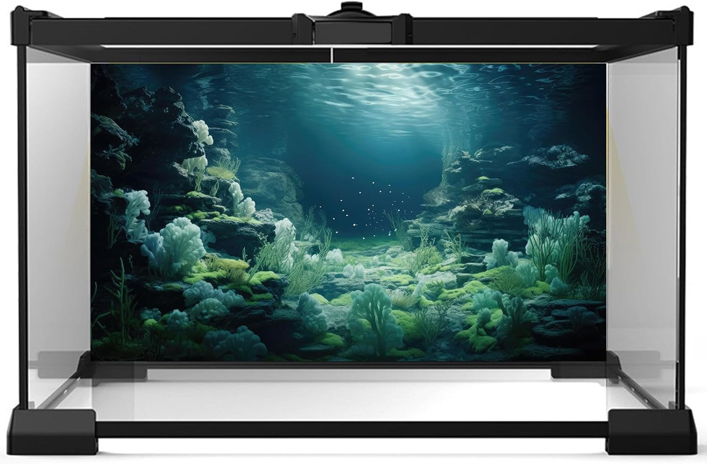 Aquarium Background Underwater Bioluminescent Life Coral Terrarium Backdrop White Coral Lush Moss Fish Tank Background Rock Sunlight Rays Tank Aquarium Wallpaper Poster Vinyl 24x12in