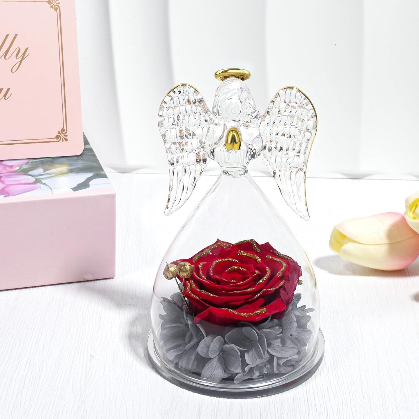 Yamonic Mom Birthday Gifts for Moms, Angel Figurines with Real Rose Gifts for Her Mother Grandma, Preserved Flowers Rose Angel Figurines for Mothers Day Christmas Birthday Gifts for Women(Redgold)