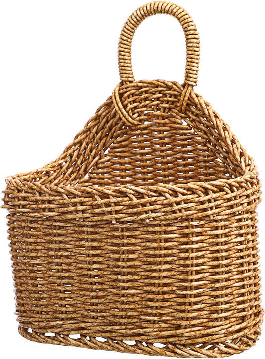 DECHOUS Small Wall Hanging Wicker Storage Basket - Plastic Woven Basket Kitchen Organizing Storage for Garlic Potato Onion Fruits - Home Pantry Wall Decor Housewarming, 9.3x7.5x4.7 Inch