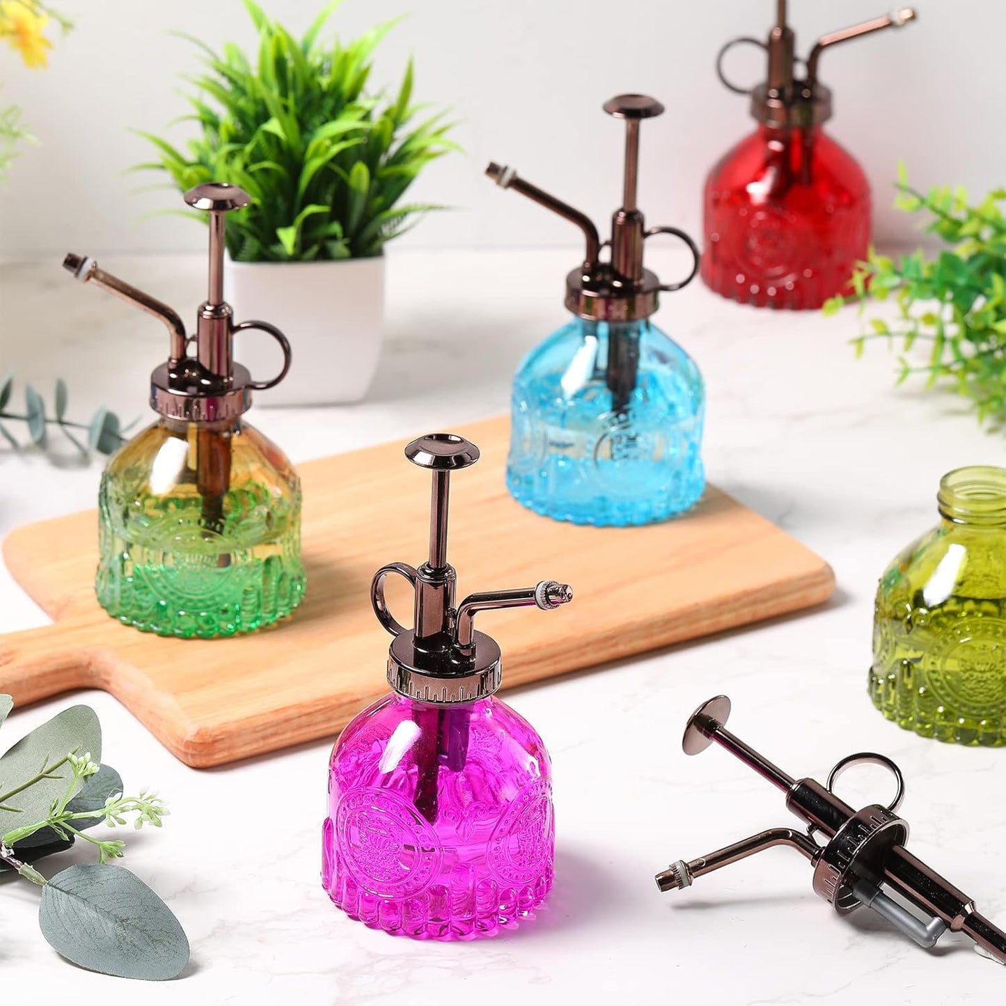 8 Pcs Glass Plant Mister Spray Bottle 200ml Vintage Plant Spritzer Multicolor Succulent Watering Bottle Watering Can 6.4'' with Plastic Top Pumps for Indoor Outdoor Succulents Garden Plants (Bronze)