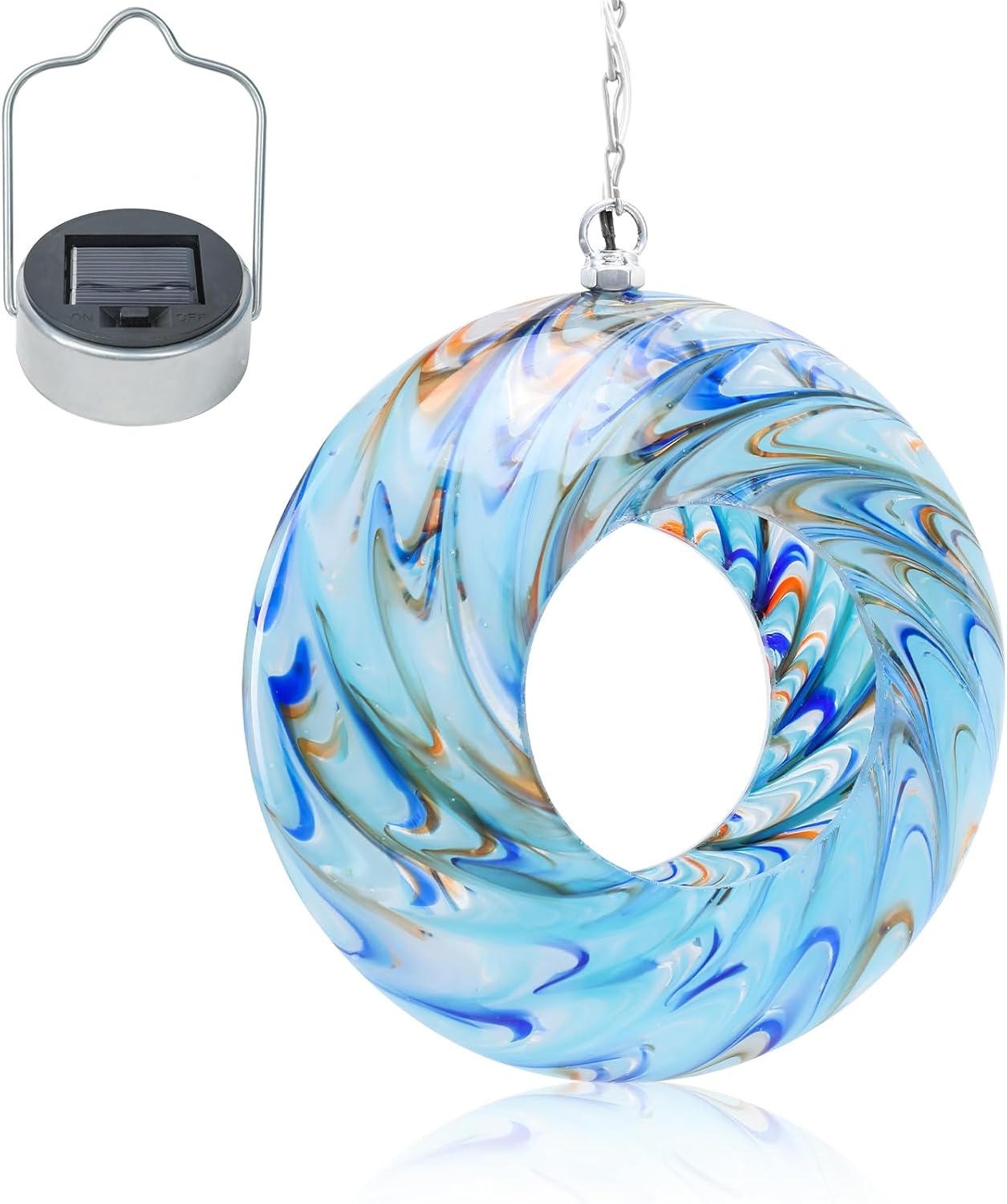 VCUTEKA Bird Feeder Solar Fly Through Bird Feeders for Outside Hanging with Round Shape Glass Container to Attract Wild Birds for Garden Decor, Solar Birdfeeder as Gift for Lovers, Light Blue 8-Inch