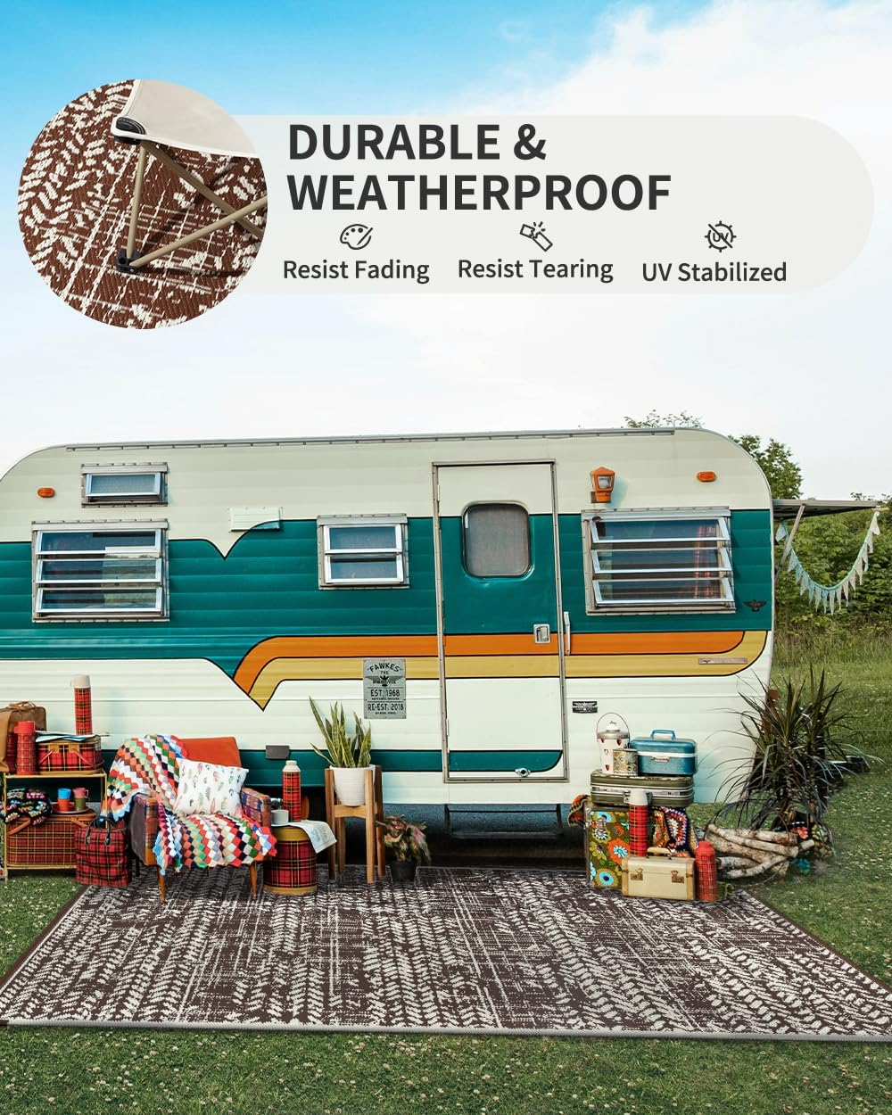 MontVoo Outdoor Rug Waterproof-Patio Rug Mat 5x8 Outdoor Carpet Reversible RV Camping Picnic Plastic Straw Rug Outside Outdoor Area Rug for Balcony Deck Backyard Patio Decor Boho Modern-Brown