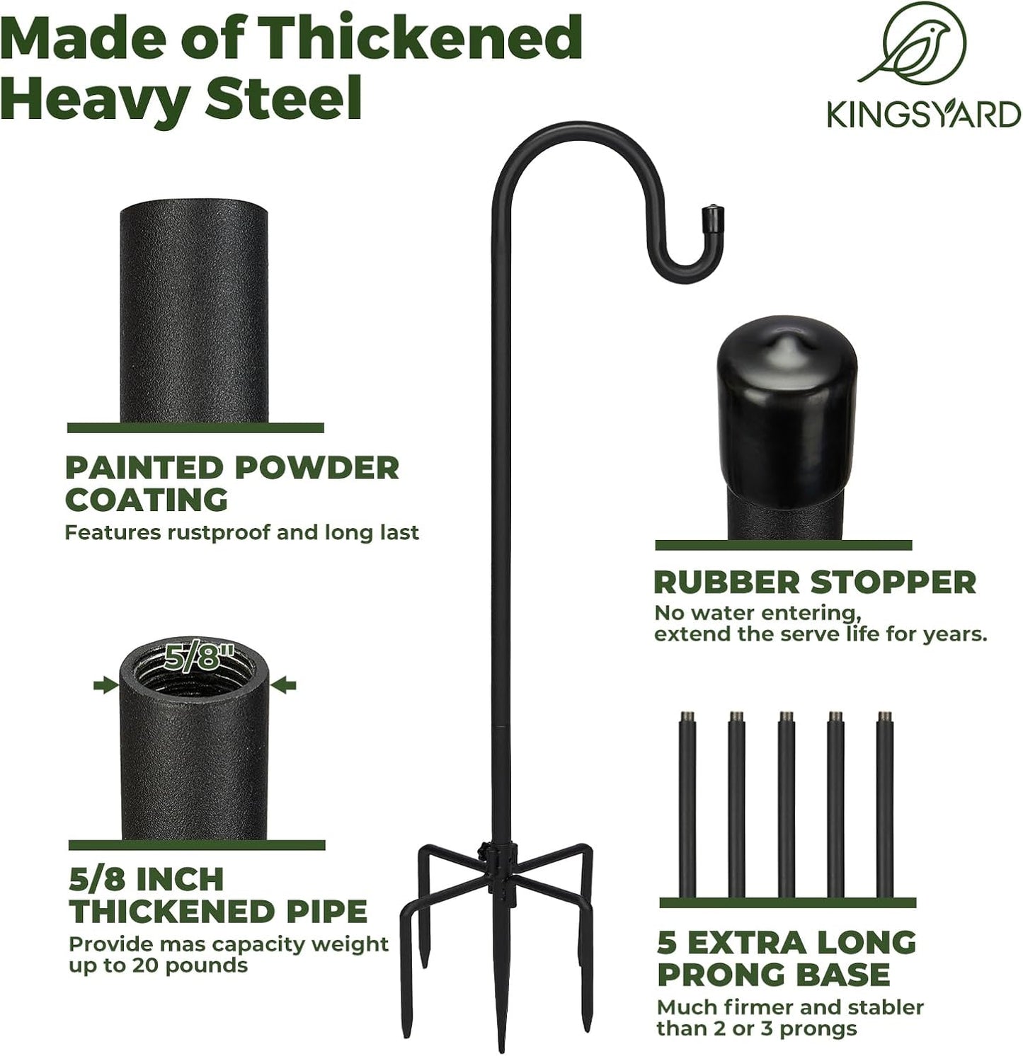 Kingsyard Adjustable Shepherd Hooks for Outdoor - 44 INCH Heavy Duty Bird Feeder Pole with 5 Prong Base, Hummingbird Feeder Stand, Garden Plant Baskets, Weddings Decor, Solar Light Lanterns