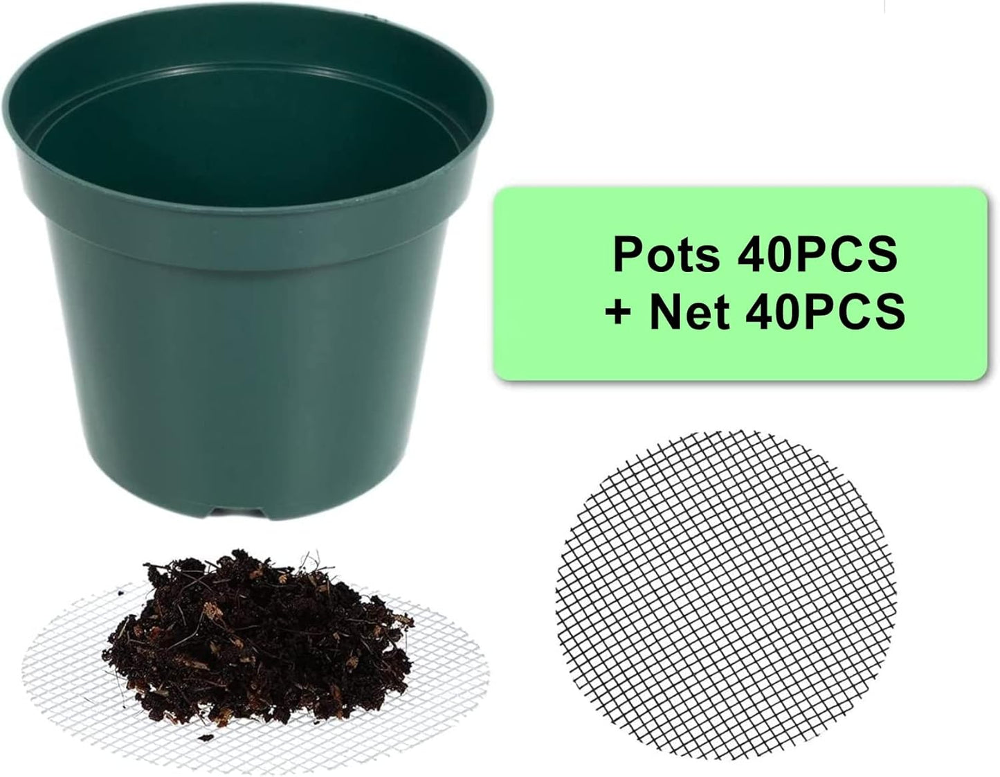40 Pack 4 Inch Plastic Nursery Pots with Mesh Pad, Thick Sturdy Plastic Plant Pots with Drainage Holes Indoor/Ourdoor Flower Planter Pots, Green